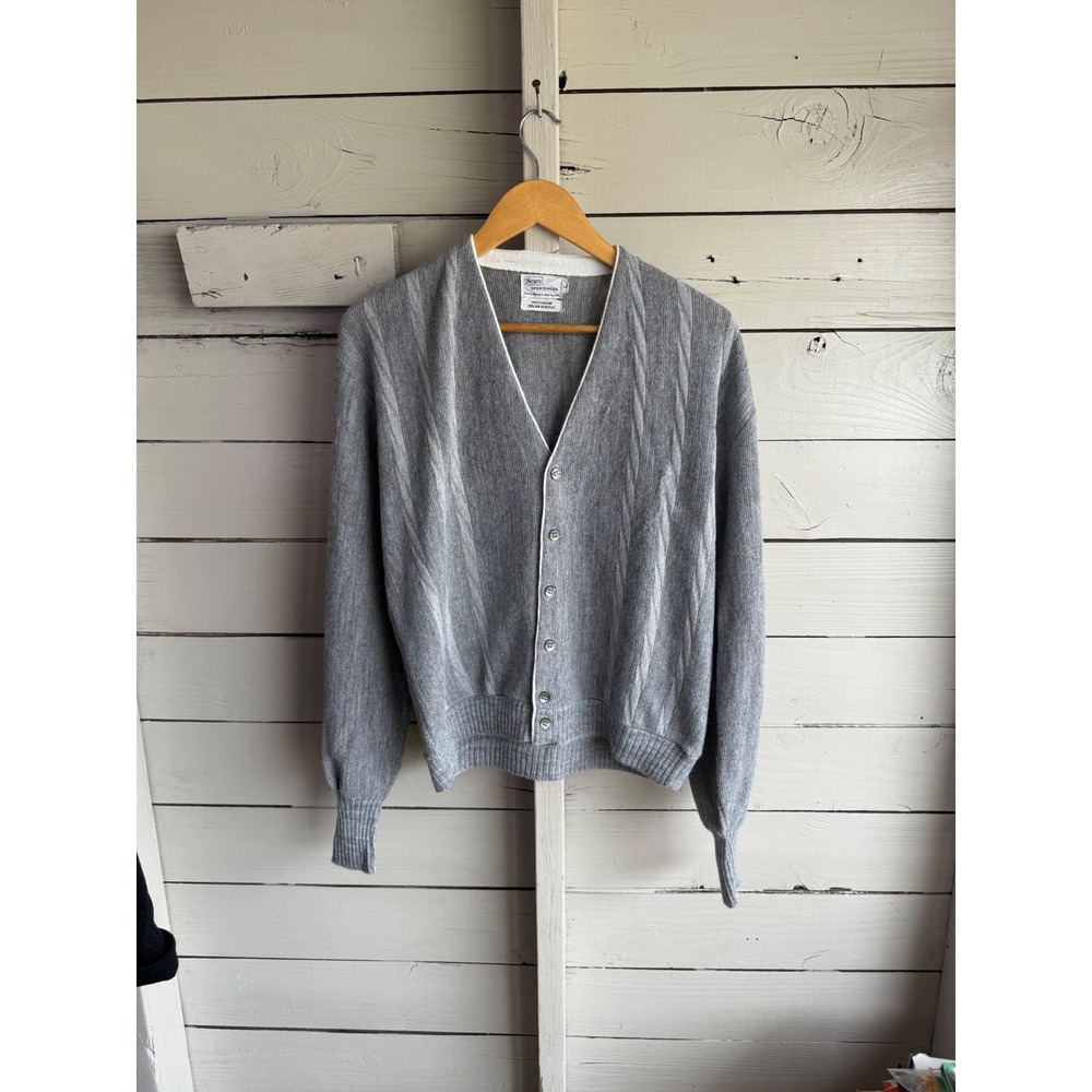 Vintage Sears Sportswear Gray Orlon Acrylic Button Front Cardigan Sweater Mens L